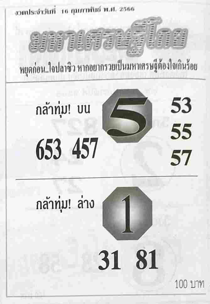 หวยมหาเศรษฐีโกย 16/2/66