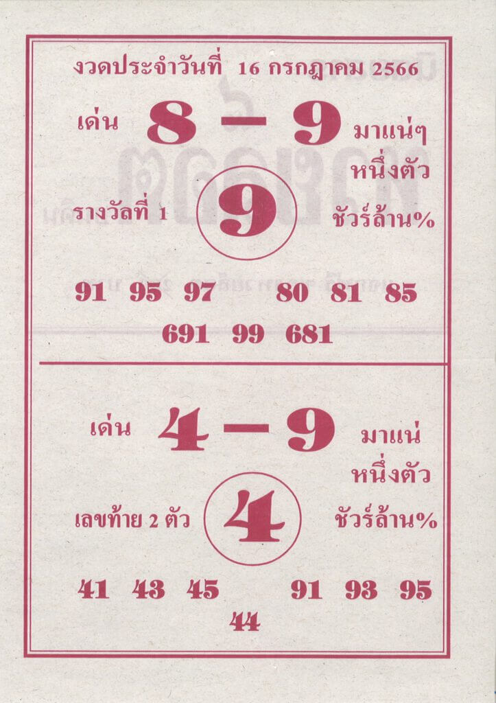 หวยไทย ลาภลอย 16/7/66