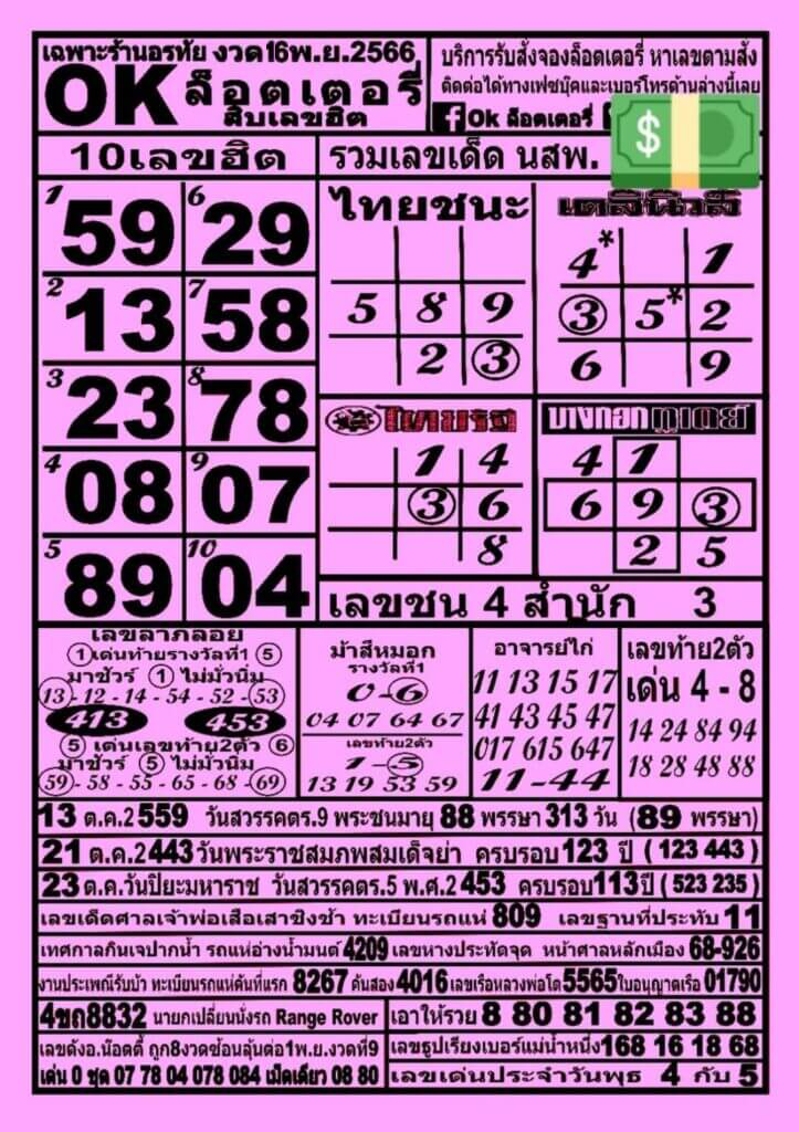 หวยไทย OKลอตเตอรี่ 16/11/66