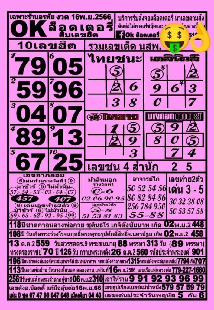 หวยไทย OKลอตเตอรี่ 16/11/66